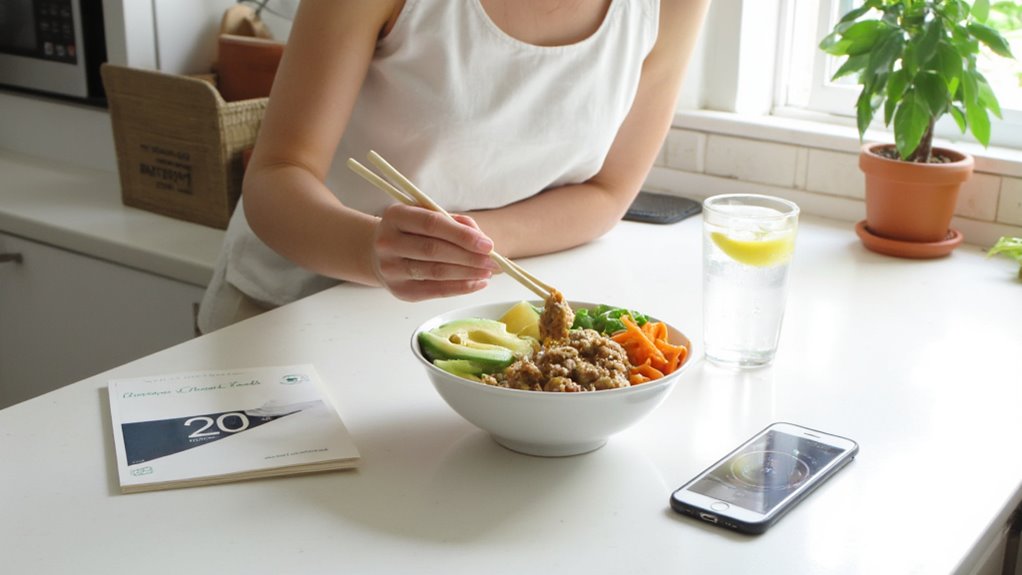 A person in a white tank top eats a bowl of mixed vegetables and grains with chopsticks at a white kitchen counter, following flat stomach tips. A glass of water with lemon, a phone, and a booklet are also on the counter.