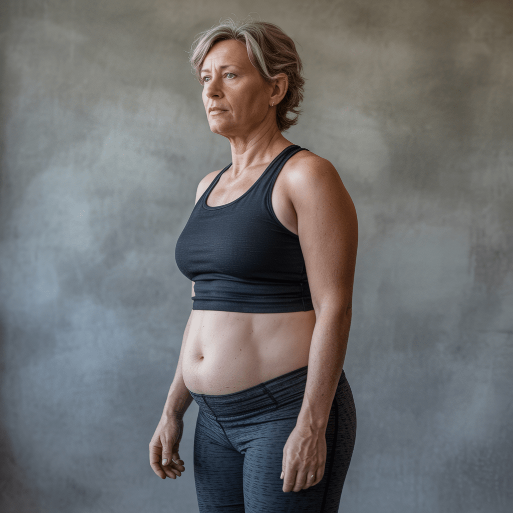 A middle-aged woman with short hair, wearing a black sports bra and leggings, stands sideways against a gray textured background, looking ahead with a serious expression—determined in her journey toward belly fat reduction.