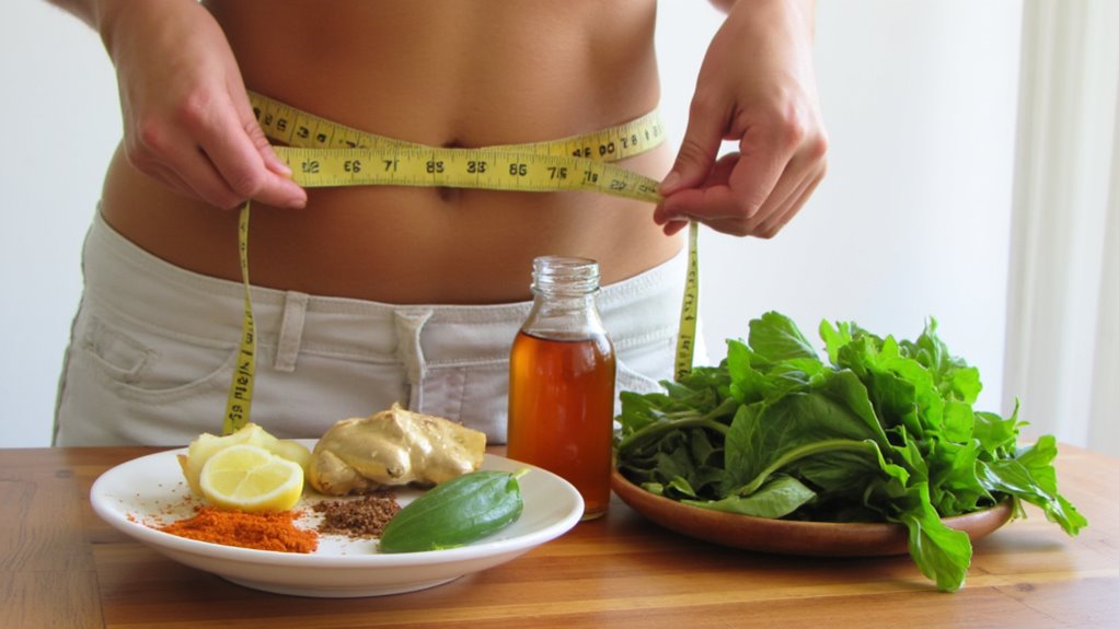 A person measures their waist with a tape measure next to leafy greens, honey, and spices, reflecting healthy eating and raising the question: Do Fat Burners Really Work for Stomach?.