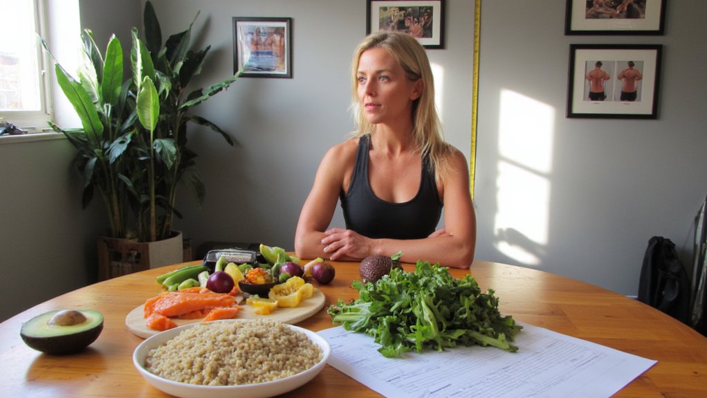 A woman in athletic wear sits at a table with assorted healthy foods like quinoa, leafy greens, avocado, and fruit—showcasing her focus on how to lose belly fat—with sunlight streaming through a window and framed photos on the wall behind her.
