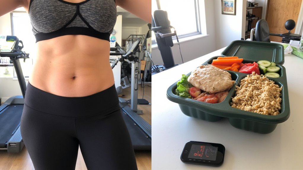A split image shows a person in workout clothes by treadmills on the left, and a healthy meal with vegetables, grains, and a sandwich beside a glucose monitor on the right—highlighting tips to lose belly fat through exercise and nutrition.