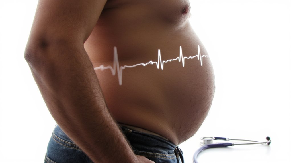 A close-up of a man's bare stomach with an illustrated heartbeat line across it, highlighting visceral fat loss. A stethoscope lies on a white surface in the background.
