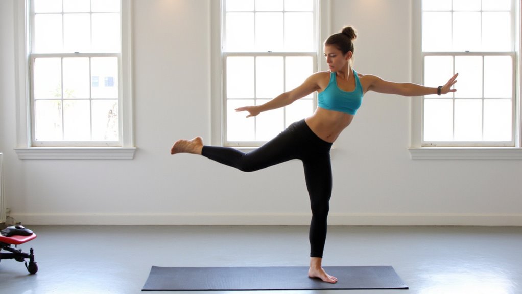 A woman in athletic wear balances on one leg on a yoga mat in a bright room, demonstrating a pose that supports belly fat reduction. Two large windows behind her fill the space with natural light.