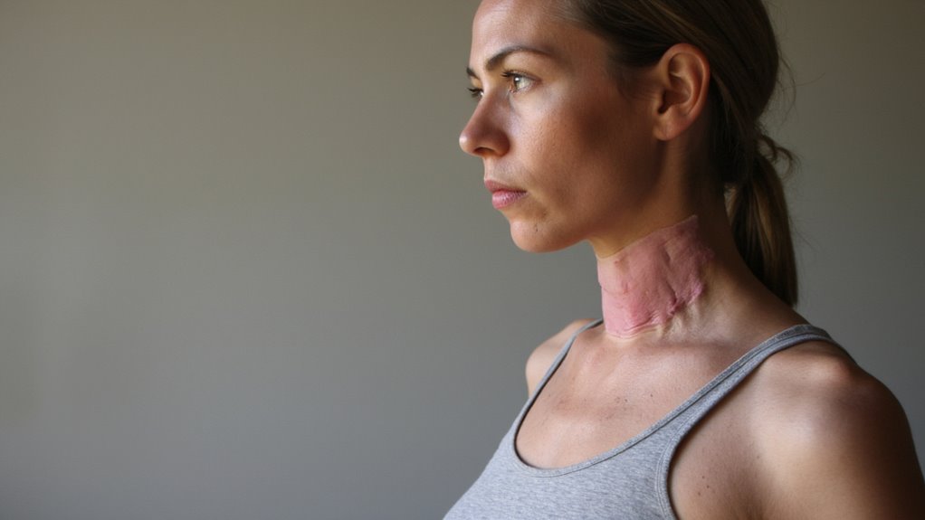 A woman in a gray tank top, possibly seeking belly fat reduction, looks to the side. She has a large, healed scar or burn mark on her neck. The background is plain and out of focus.