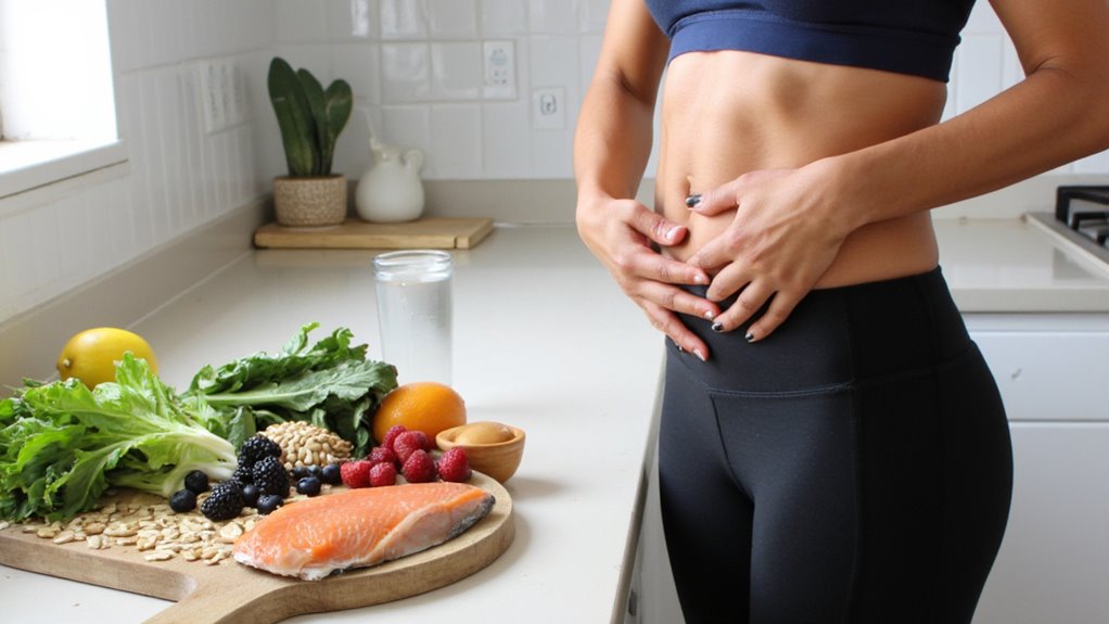 A person in workout clothes stands in a kitchen, holding their stomach. On the counter are healthy foods like salmon, leafy greens, berries, oats, and water—perfect choices for belly fat reduction and visceral fat loss.