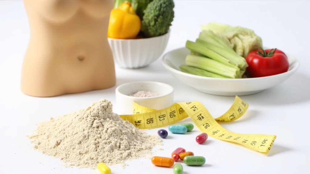 A torso mannequin, a bowl of vegetables, a plate with lettuce, okra, and tomato, colorful capsules, a yellow measuring tape, and powder are arranged on a white surface—perfect for illustrating flat stomach tips and visceral fat loss.