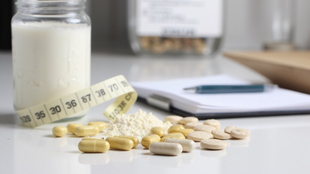 A jar of milk, a measuring tape, pills, protein powder, a notepad, and a pen are arranged on a white surface, symbolizing health or nutrition planning—perfect props for flat stomach tips or stomach weight loss strategies.
