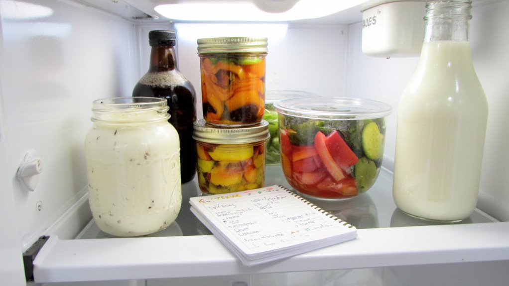 An open refrigerator shelf with jars of yogurt, pickled vegetables, a glass bottle of milk, a drink bottle, fresh veggies, and a notepad with a handwritten grocery list—ingredients often chosen for effective stomach weight loss.
