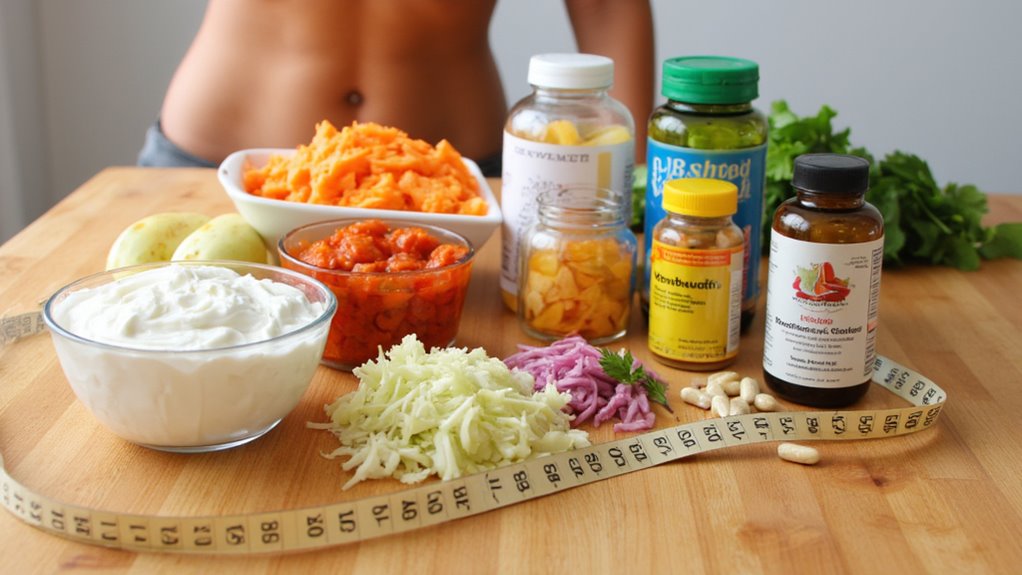 A wooden table displays yogurt, shredded vegetables, supplements, jars of food, and a measuring tape—ideal essentials for anyone focused on belly fat reduction—with a person’s midsection visible in the background.