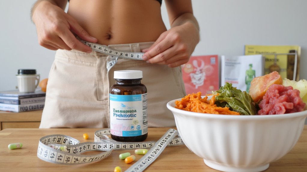 A person measuring their waist stands behind a table with a bowl of healthy food, a bottle labeled "Tasmanian Probiotic," loose pills, and a rolled-up tape measure—highlighting flat stomach tips and how to lose belly fat.