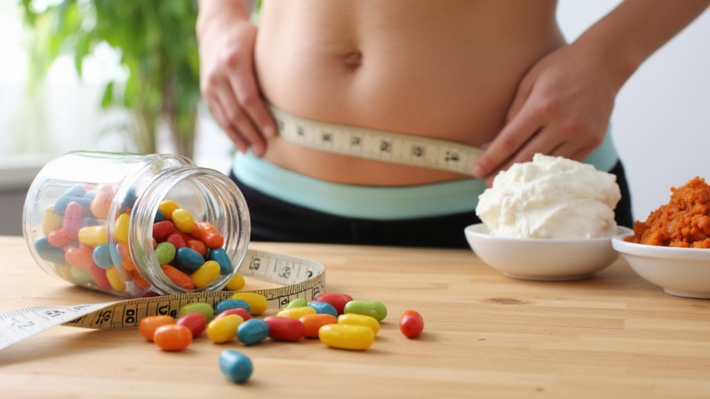 A person measuring their waist with a tape measure stands behind a table holding candy, whipped cream, and a dish of food, highlighting themes like how to lose belly fat and the challenge of making healthy dietary choices.