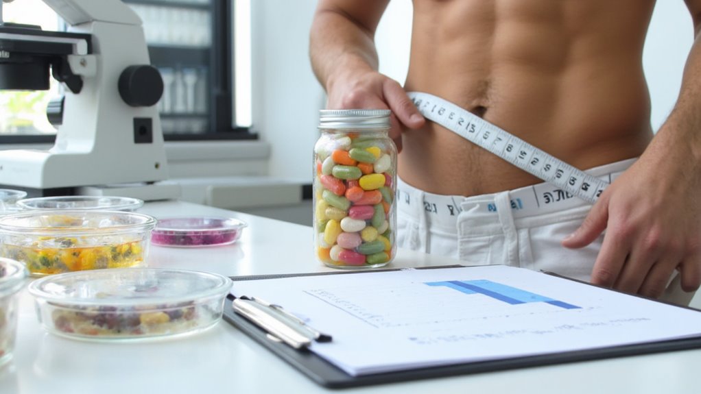 A shirtless person measures their waist with a tape measure while holding a jar of colorful pills in a laboratory setting, exploring how to lose belly fat. Petri dishes, a microscope, and a clipboard with a chart are on the table.