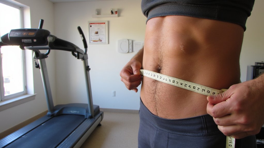 A person measures their waist with a tape measure in a bright gym room, standing next to a treadmill—motivated by flat stomach tips and focused on stomach weight loss.