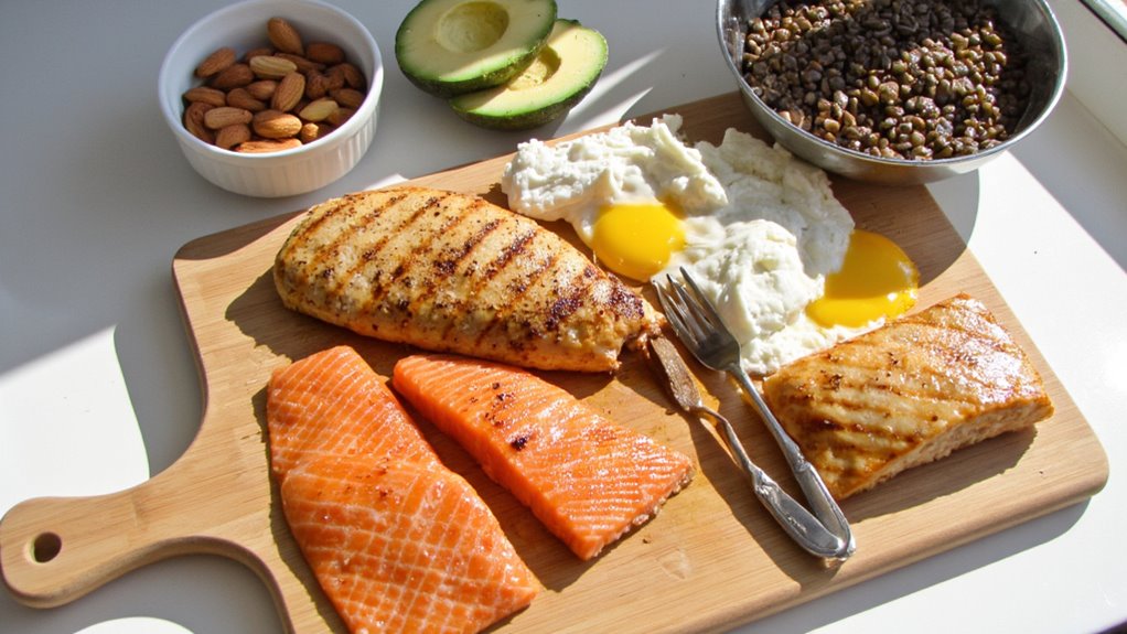 A wooden board with cooked salmon, grilled chicken breast, and two sunny-side-up eggs, next to a fork, with bowls of almonds, lentils, and avocado halves in the background—perfect for supporting belly fat reduction.