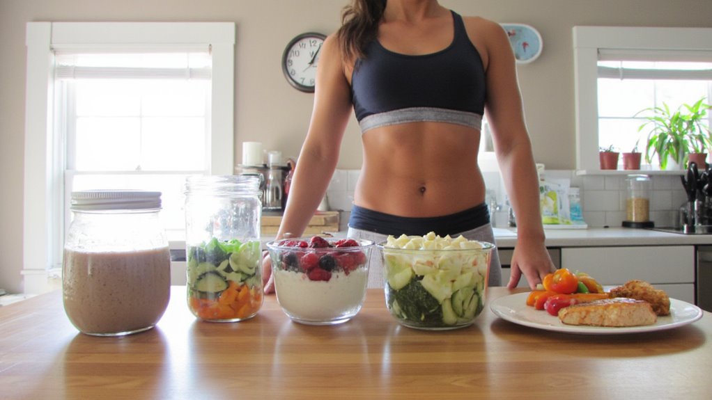 A woman in athletic wear stands in a kitchen behind a counter with jars and bowls of healthy foods, showcasing delicious options for stomach weight loss like vegetables, fruit, salad, chicken, tomatoes, and sweet potatoes.