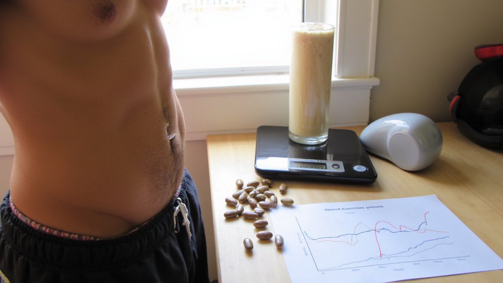 A person with a bare torso stands by a table with a glass of smoothie, digital scale, capsules, and a chart tracking weight changes—perhaps pondering, "Do fat burners really work for stomach?" Sunlight streams in through the window.