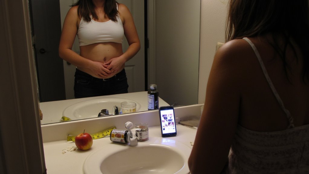 A woman stands in front of a bathroom mirror, lifting her shirt to expose her stomach. On the sink are a red apple, supplements, a tape measure, and a smartphone displaying "Do Fat Burners Really Work for Stomach?" images.