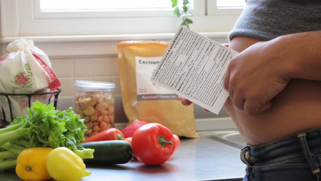 A person stands in a kitchen holding a nutrition label to their exposed stomach, surrounded by fresh vegetables like lettuce, bell pepper, tomato, and cucumber—perfect ingredients for those seeking flat stomach tips.