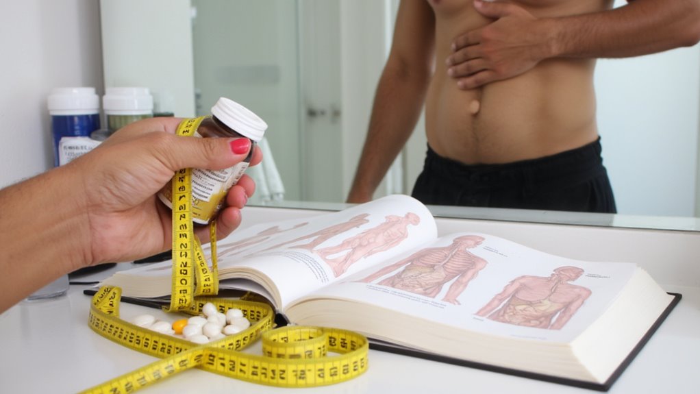 A person stands shirtless in front of a mirror, holding their stomach. In the foreground, a hand holds a pill bottle and yellow measuring tape over an anatomy book—posing the question: Do fat burners really work for stomach fat?.