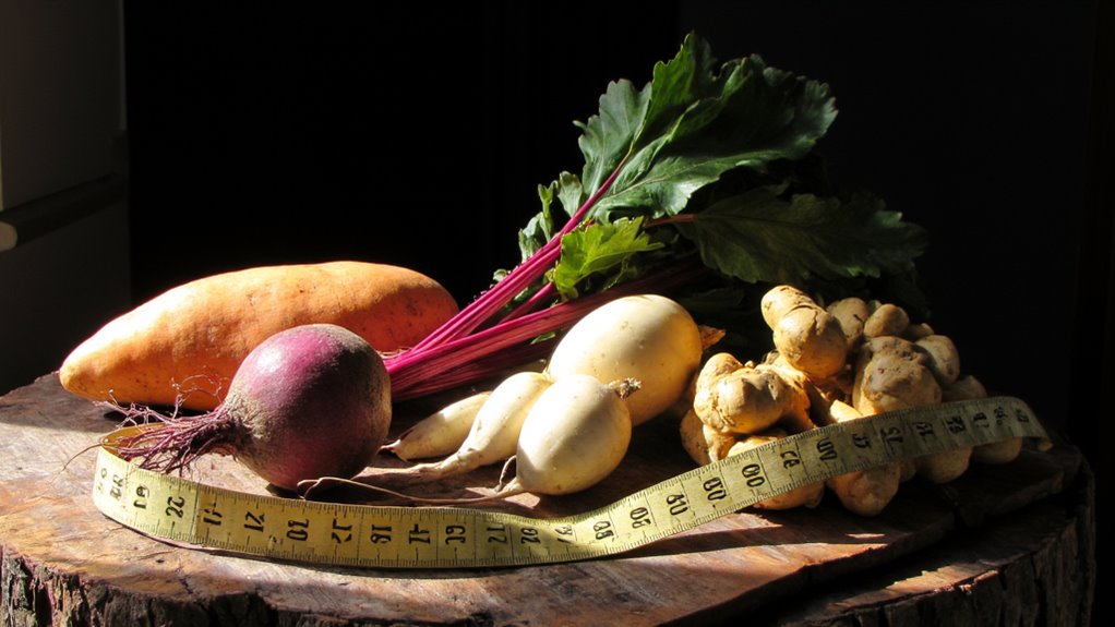A sweet potato, a beet, two white radishes, Jerusalem artichokes, and green leaves rest on a wooden surface with a yellow measuring tape draped in front—perfect for those seeking belly fat reduction and flat stomach tips.