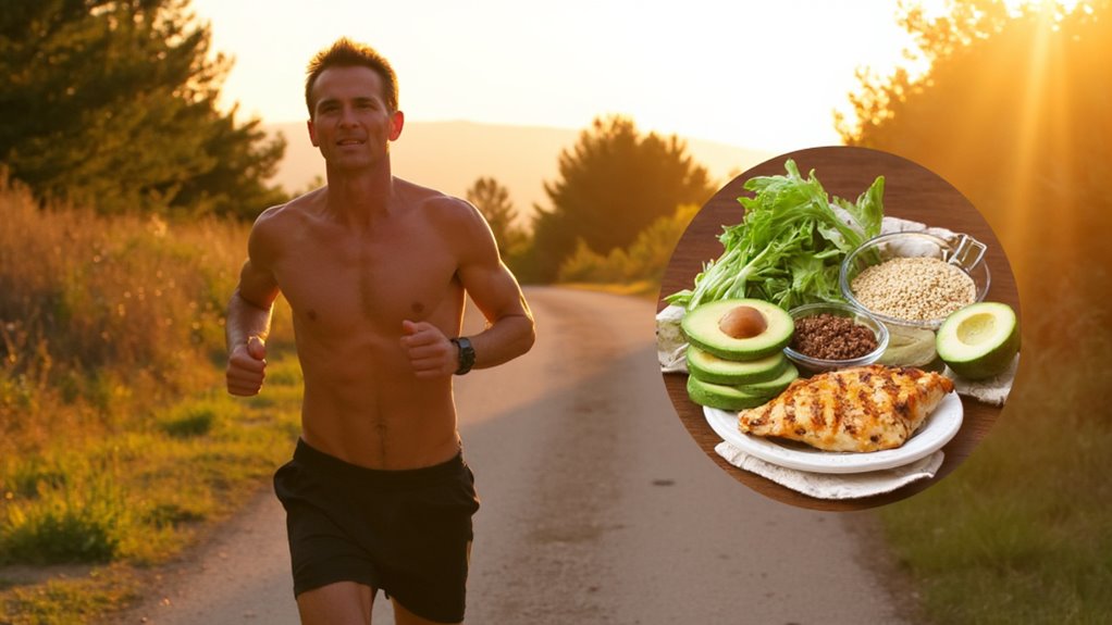 A shirtless man jogs on a rural path at sunset. An overlay shows healthy foods like grilled chicken, avocado, leafy greens, quinoa, and seeds—highlighting flat stomach tips that support fitness and nutrition.