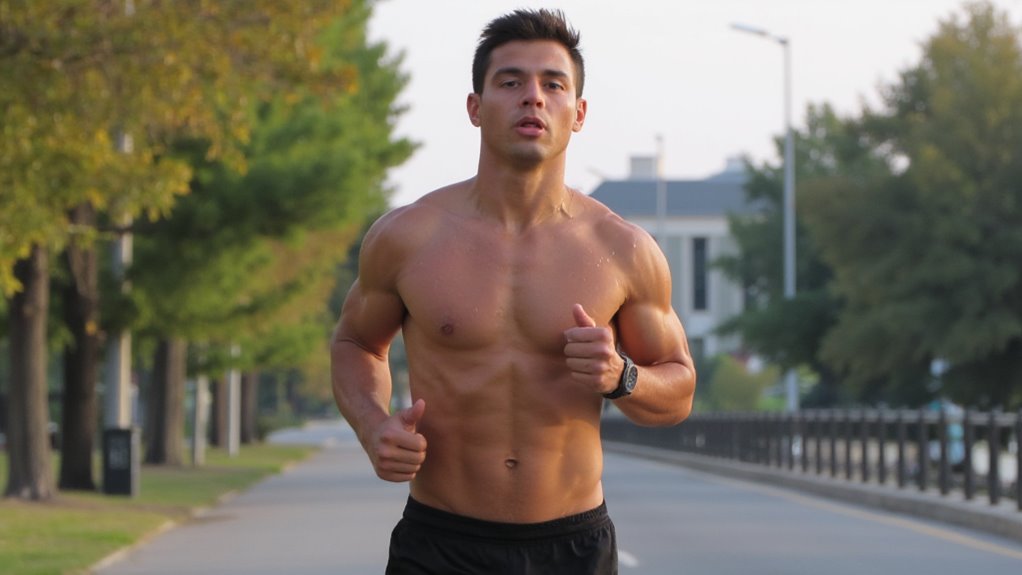 A muscular, shirtless man jogs on a tree-lined road on a bright day—demonstrating how to lose belly fat. He wears black shorts and a watch, with buildings and lush greenery in the background.