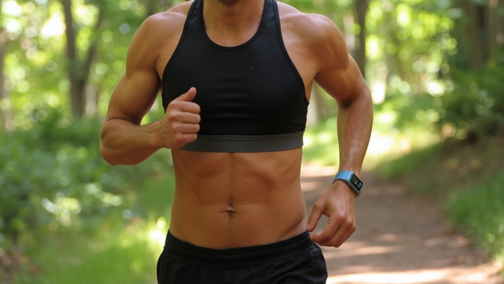 A fit person wearing a black sports bra and black shorts jogs on a dirt path through a sunlit forest, showing off a muscular torso—an inspiring scene for anyone seeking flat stomach tips or aiming for belly fat reduction.