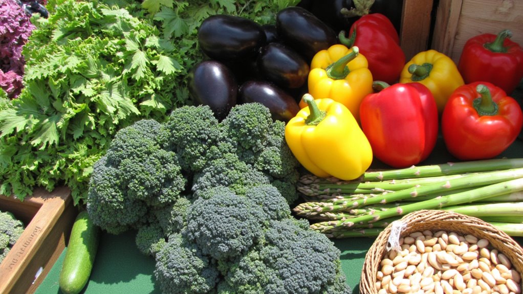 A colorful display of fresh vegetables—including broccoli, eggplants, peppers, leafy greens, and asparagus—offers delicious options for those looking to lose belly fat and enjoy healthy stomach weight loss on a vibrant market table.