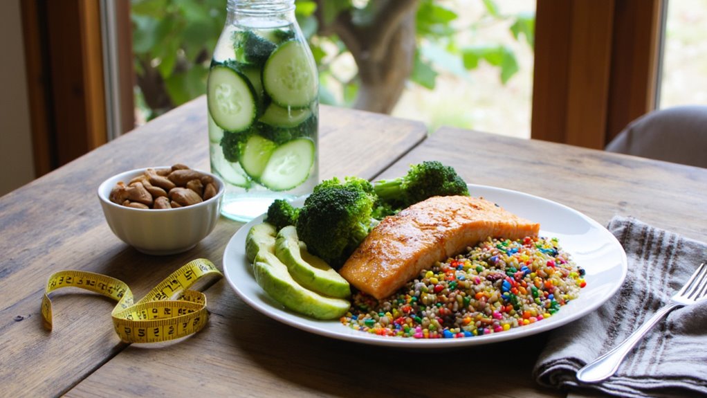 A plate with baked salmon, broccoli, sliced avocado, and a colorful lentil mix sits on a wooden table—perfect choices for those seeking visceral fat loss. A bowl of nuts, cucumber water, and a yellow measuring tape sit nearby.