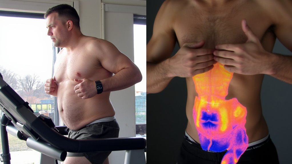 A man runs on a treadmill, while beside him an illustration shows another man's torso with a glowing depiction of the digestive system—highlighting internal organs and the process of visceral fat loss for effective stomach weight loss.