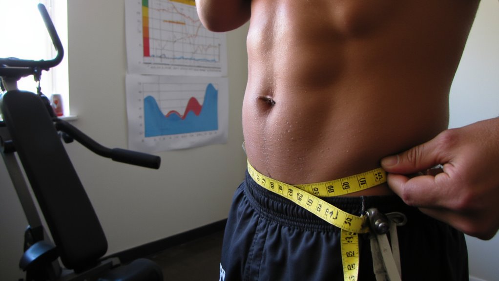 A person measures their waist with a yellow tape measure in a gym, showing a toned torso—a visual focus on belly fat reduction. Exercise equipment and fitness charts are visible in the background.