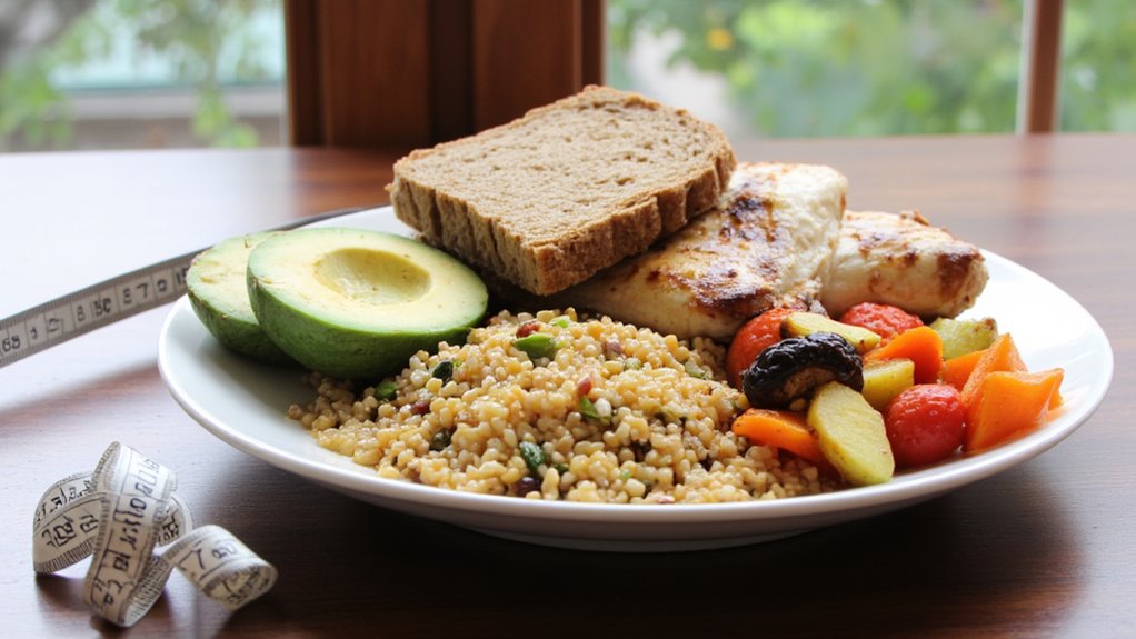 A plate with whole grain bread, grilled chicken, half an avocado, mixed vegetables, and cooked couscous sits on a table with a measuring tape beside it—an ideal meal for those focused on visceral fat loss.