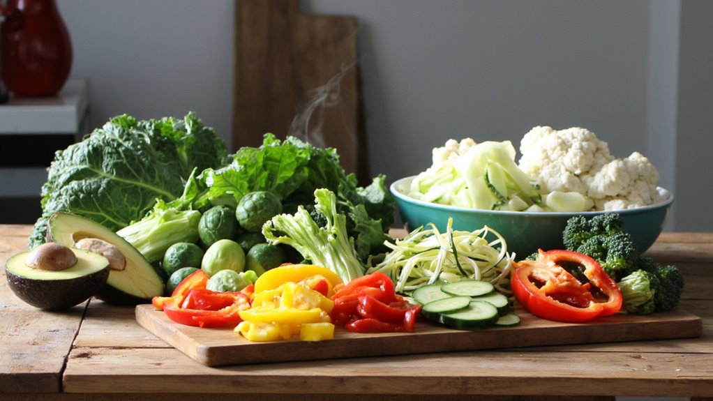 A wooden table displays an assortment of fresh vegetables like kale, avocado, and broccoli—perfect choices for belly fat reduction—beautifully arranged on a board and in a bowl.