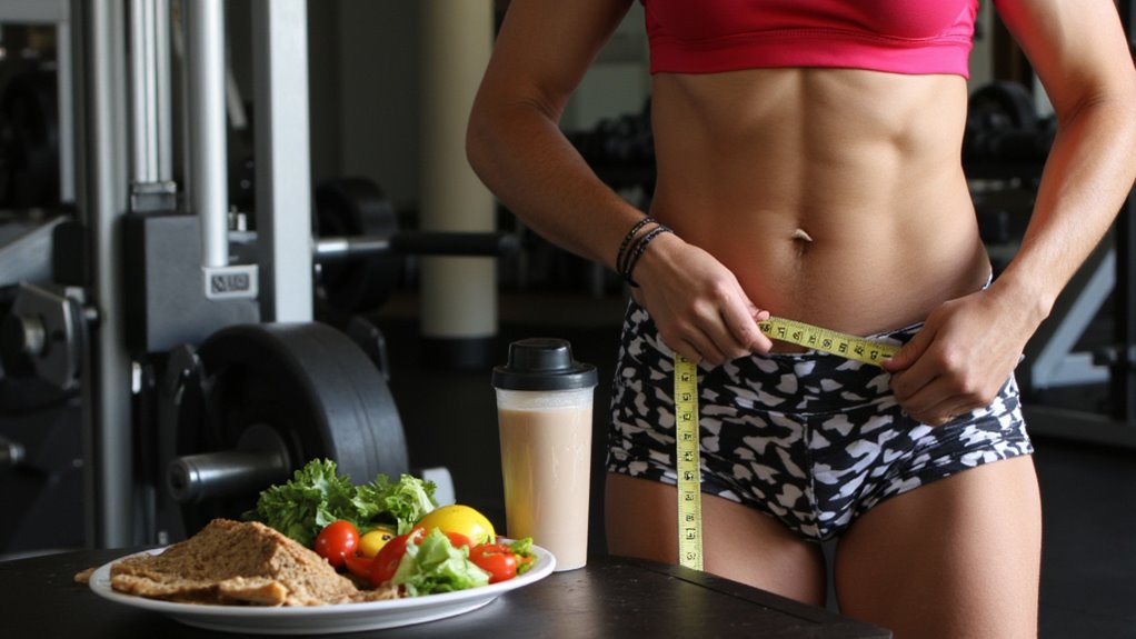 A person in athletic wear measures their waist for belly fat reduction in a gym. In the foreground, a plate of healthy food and a protein shake sit on the table. Fitness equipment can be seen in the background.
