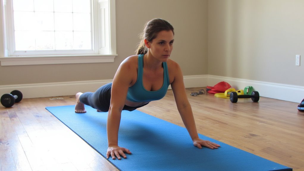 A woman in workout clothes demonstrates one of the best ab exercises for belly fat, holding a plank position on a blue yoga mat in a bright room with wooden floors and exercise equipment in the background.