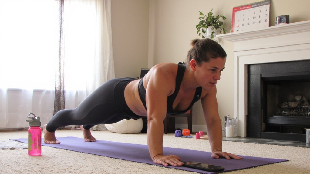 A woman in athletic wear demonstrates a plank on a yoga mat in her living room, surrounded by a water bottle, phone, and small weights—an ideal setup for belly fat reduction. Sunlight pours in as a calendar hangs above the fireplace in the background.