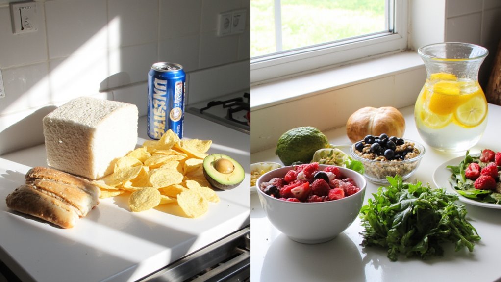 Two contrasting food spreads—one with white bread, hot dogs, and chips; the other with fresh fruit, greens, and berries—highlight how healthy choices can support goals like flat stomach tips or learning how to lose belly fat.