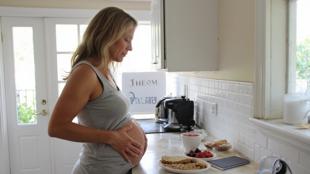 A pregnant woman stands in a bright kitchen, gently holding her belly and looking down. On the counter are a bowl of fruit, toast, and yogurt—foods often recommended for healthy eating and visceral fat loss. Sunlight streams in through the windows.