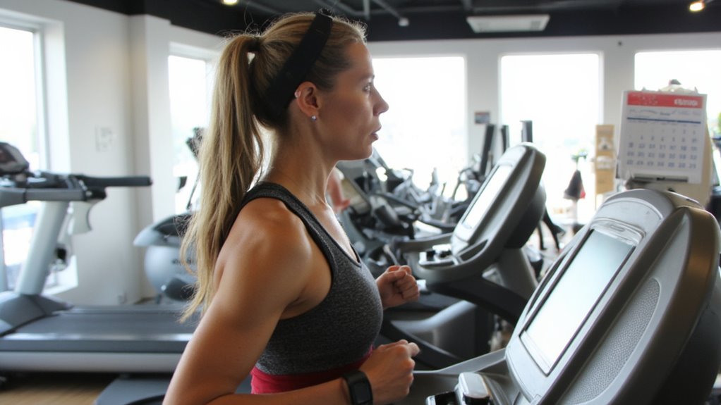 A woman with a ponytail runs on a treadmill in a well-lit gym with large windows and several exercise machines, focusing on stomach weight loss. She is wearing a tank top, fitness tracker, and headband.