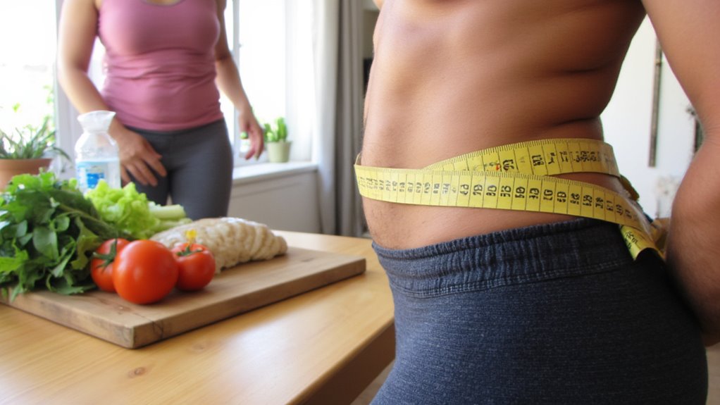 A person measures their waist with a tape measure, aiming for belly fat reduction, while another stands nearby. Fresh vegetables and bread on a wooden table suggest a focus on healthy eating and fitness.