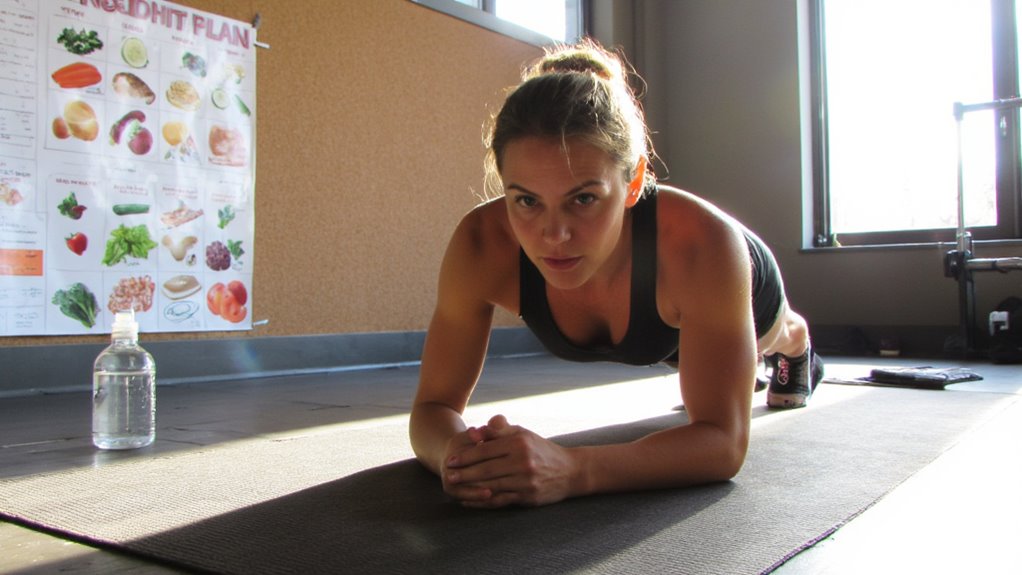 A woman in athletic wear holds a plank position on a yoga mat in a sunlit gym; a bottle of water, a nutrition poster, and flat stomach tips displayed in the background.