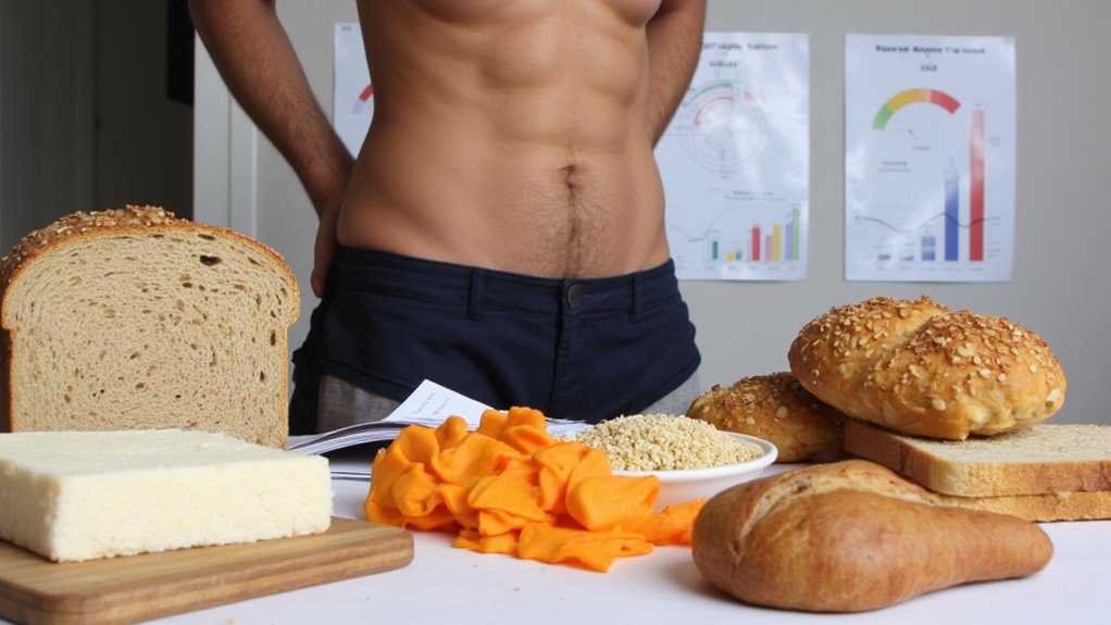 A shirtless person with visible abs stands behind a table displaying breads, cheese, grains, and an orange cloth—showcasing flat stomach tips and foods that can aid in visceral fat loss. Charts with graphs are visible on the wall in the background.
