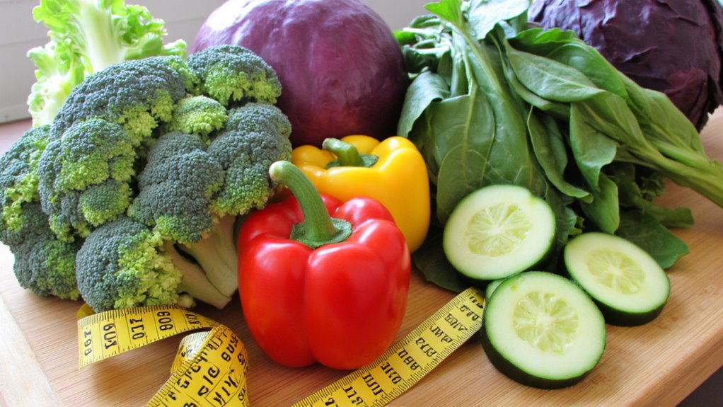 Assorted fresh vegetables including broccoli, red and yellow bell peppers, spinach, cucumber slices, and purple cabbage on a wooden surface with a yellow measuring tape—perfect for those focused on belly fat reduction.