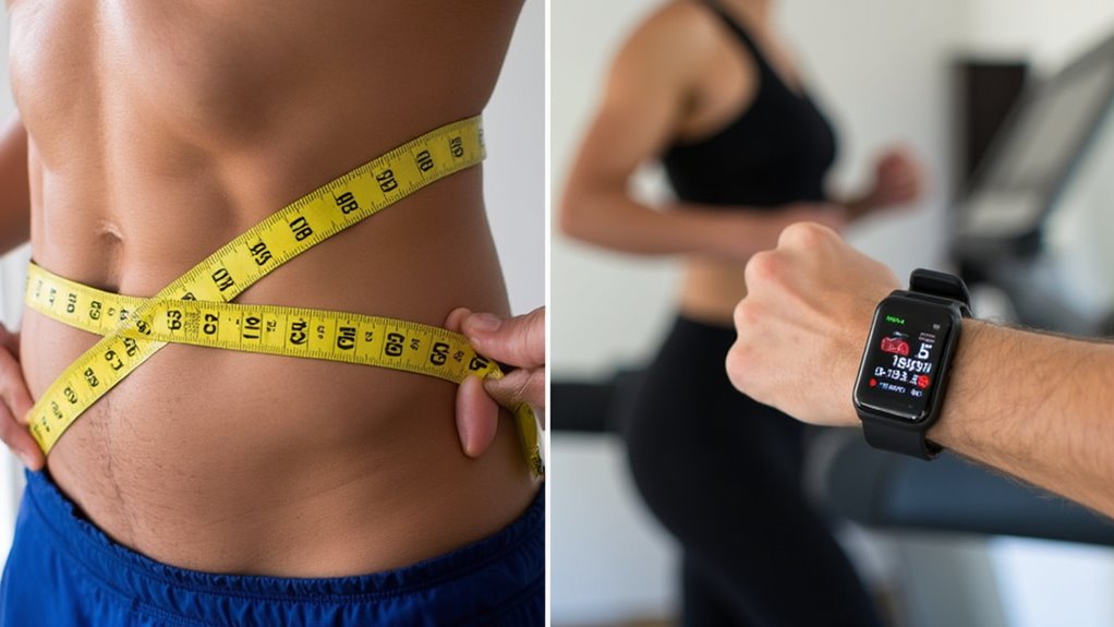Split image: Left shows a person measuring their waist to track stomach weight loss. Right shows someone on a treadmill, smartwatch displaying workout data. Both wear athletic clothing, highlighting efforts to lose belly fat efficiently.