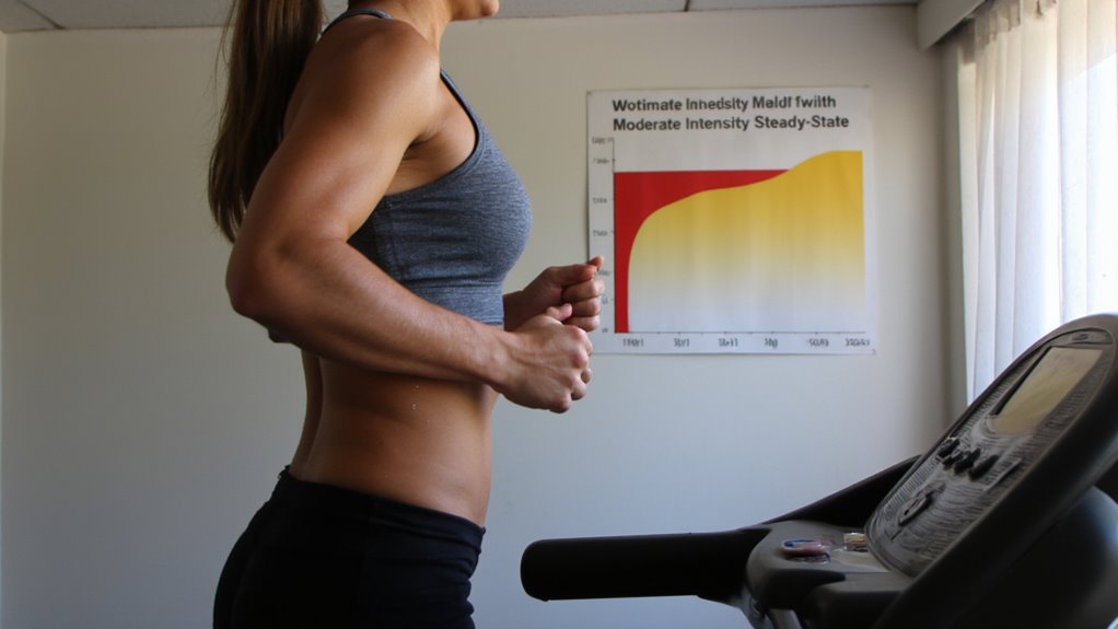 A woman in athletic wear runs on a treadmill in a well-lit room, with a fitness intensity chart displayed on the wall—highlighting her commitment to stomach weight loss and flat stomach tips.