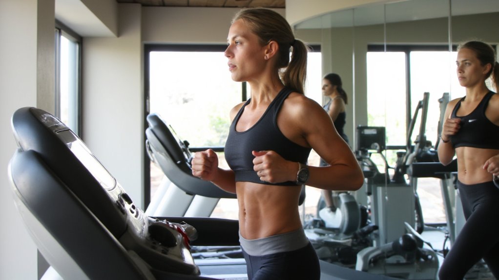 A woman in athletic wear runs on a treadmill in a gym with large windows, her reflection visible in the mirror behind her. She appears focused and determined, working toward stomach weight loss during her workout.