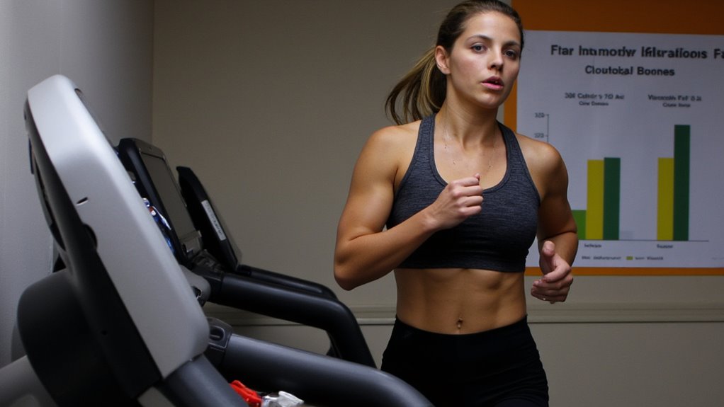A woman wearing a sports bra and leggings runs on a treadmill indoors, focused on her workout. A chart with bar graphs behind her suggests tracking belly fat reduction and progress toward visceral fat loss goals.