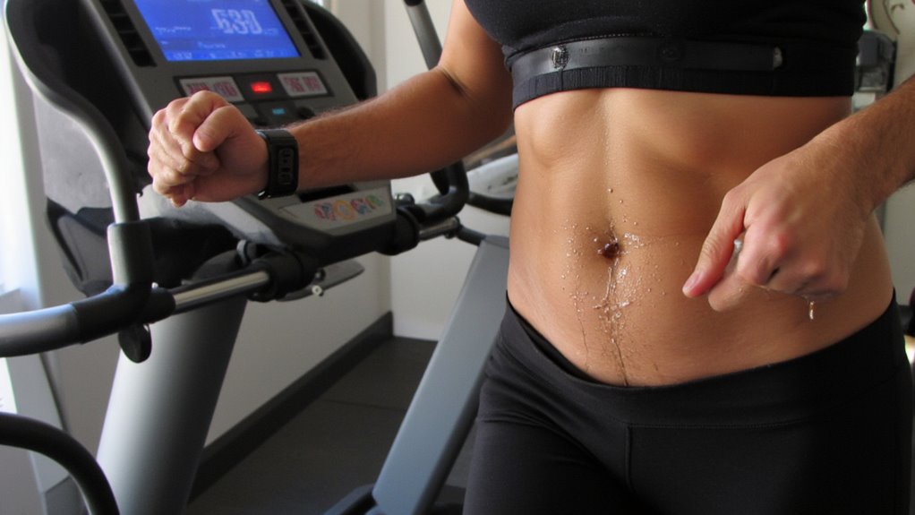 Close-up of a person running on a treadmill, showing their sweaty torso and arms—an active step toward stomach weight loss. Dressed in black workout clothes with a fitness tracker, they focus on the treadmill’s display in the background.