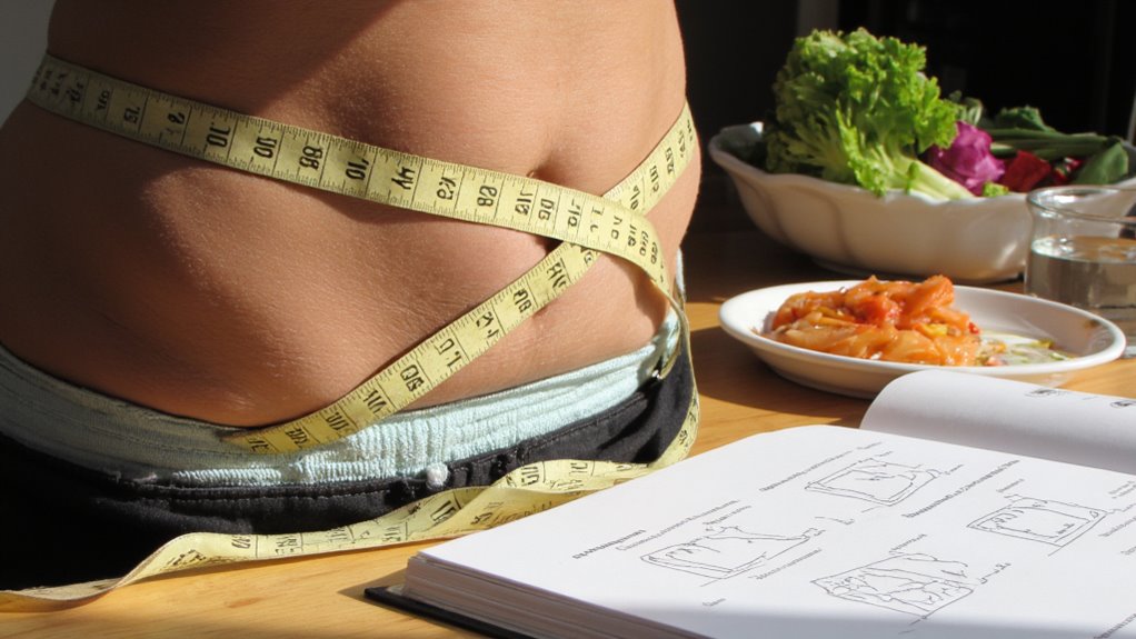 A person’s midsection with a yellow measuring tape wrapped around it, next to an open book, a plate of food, and a bowl of vegetables, suggesting themes of healthy eating and tips on how to lose belly fat.