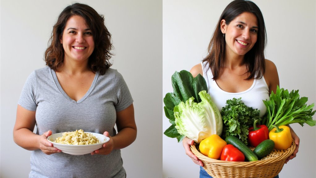 Split image of a woman smiling at the camera: on the left, she enjoys pasta in a gray shirt; on the right, she holds fresh vegetables in a white tank—showcasing healthy choices for belly fat reduction.